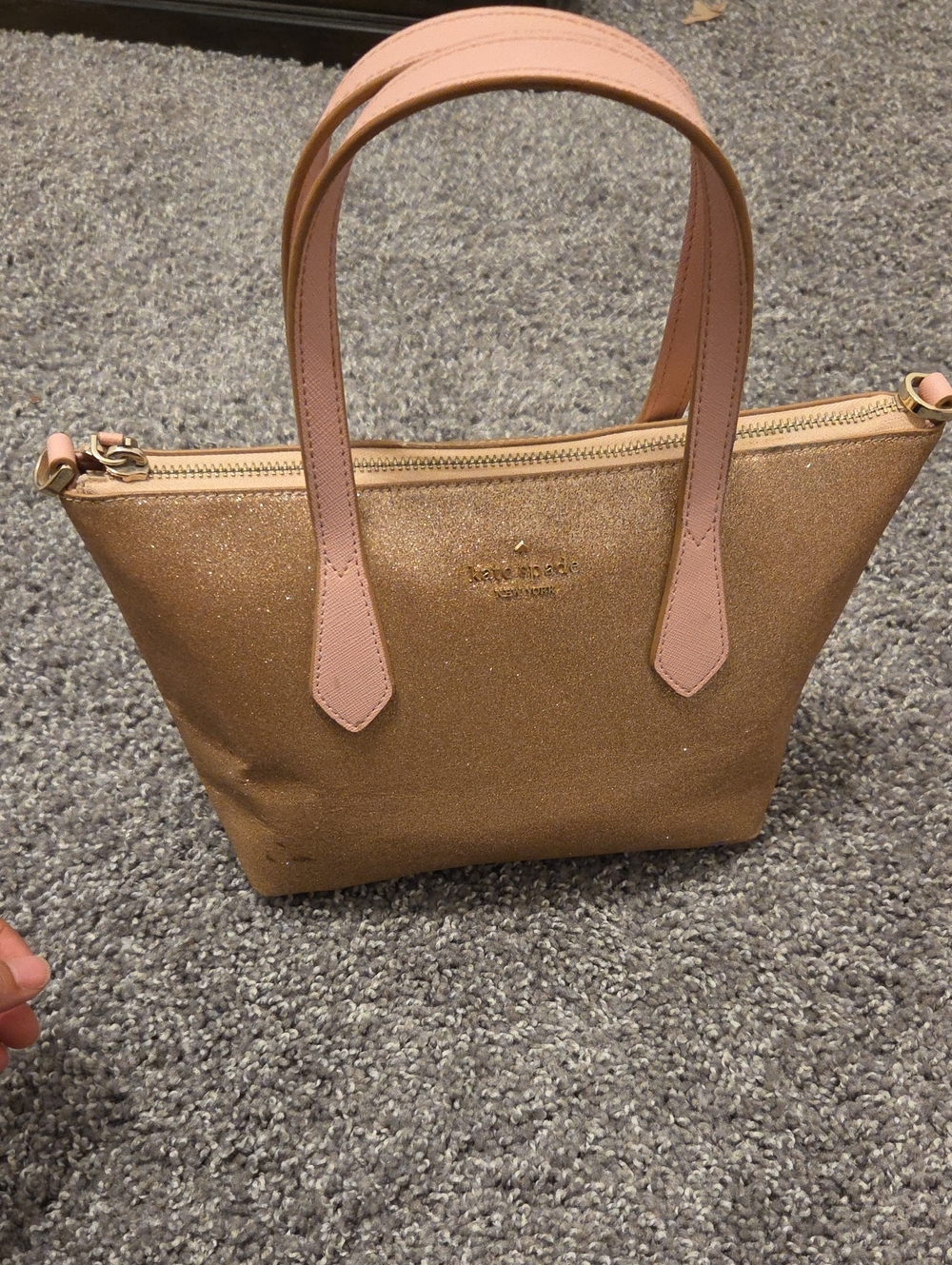 kate spade gold glitter tote with blush pink handles